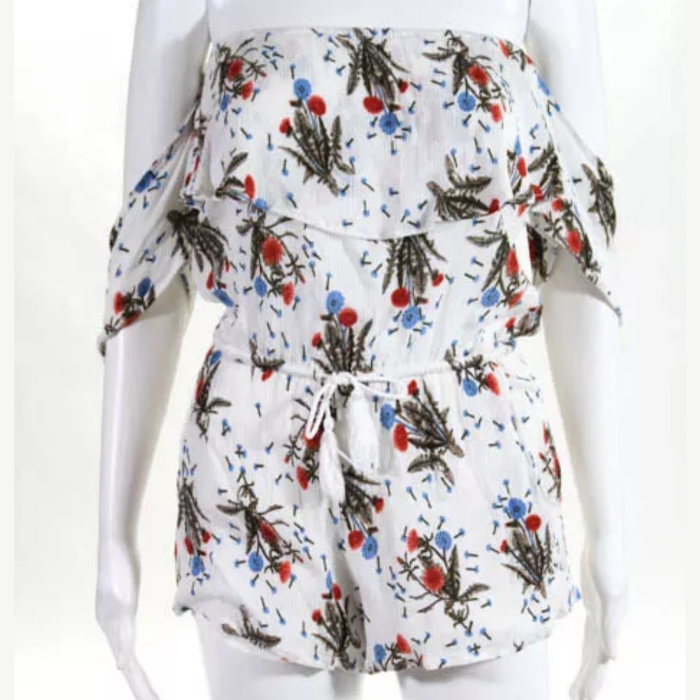 ECRU WHITE BLUE RED flower FLORAL ROMPER Sz LARGE - Picture 2 of 6